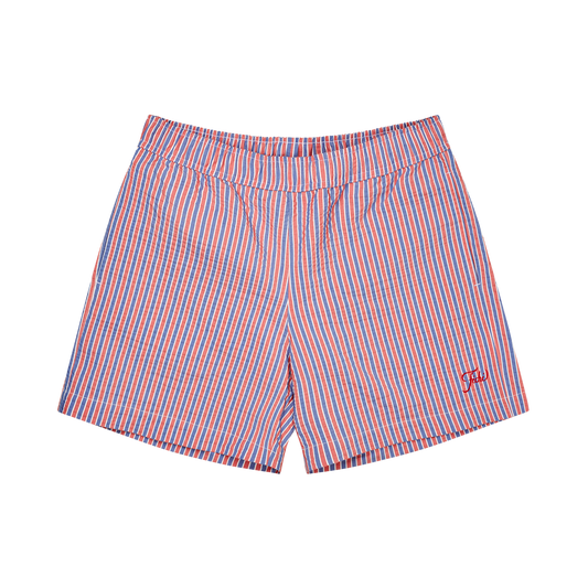 red & blue swim trunks